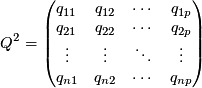 \[ Q^2 = \begin{pmatrix} q_{11} &amp; q_{12} &amp; \cdots &amp; q_{1p} \\ q_{21} &amp; q_{22} &amp; \cdots &amp; q_{2p} \\ \vdots &amp; \vdots &amp; \ddots &amp; \vdots \\ q_{n1} &amp; q_{n2} &amp; \cdots &amp; q_{np} \end{pmatrix} \]